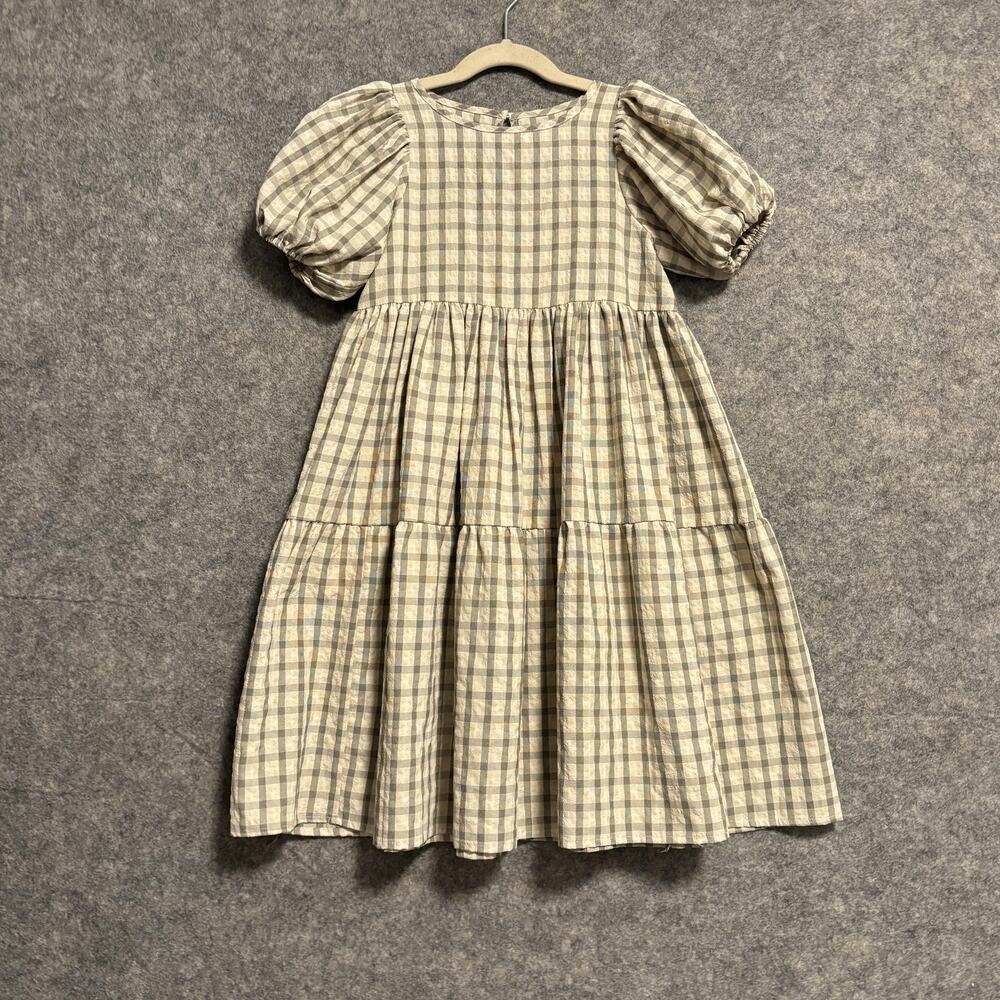 Noralee Dress Girls Size 4 Beige Gingham Short Puff Sleeve Tiered Midi Fit Flare